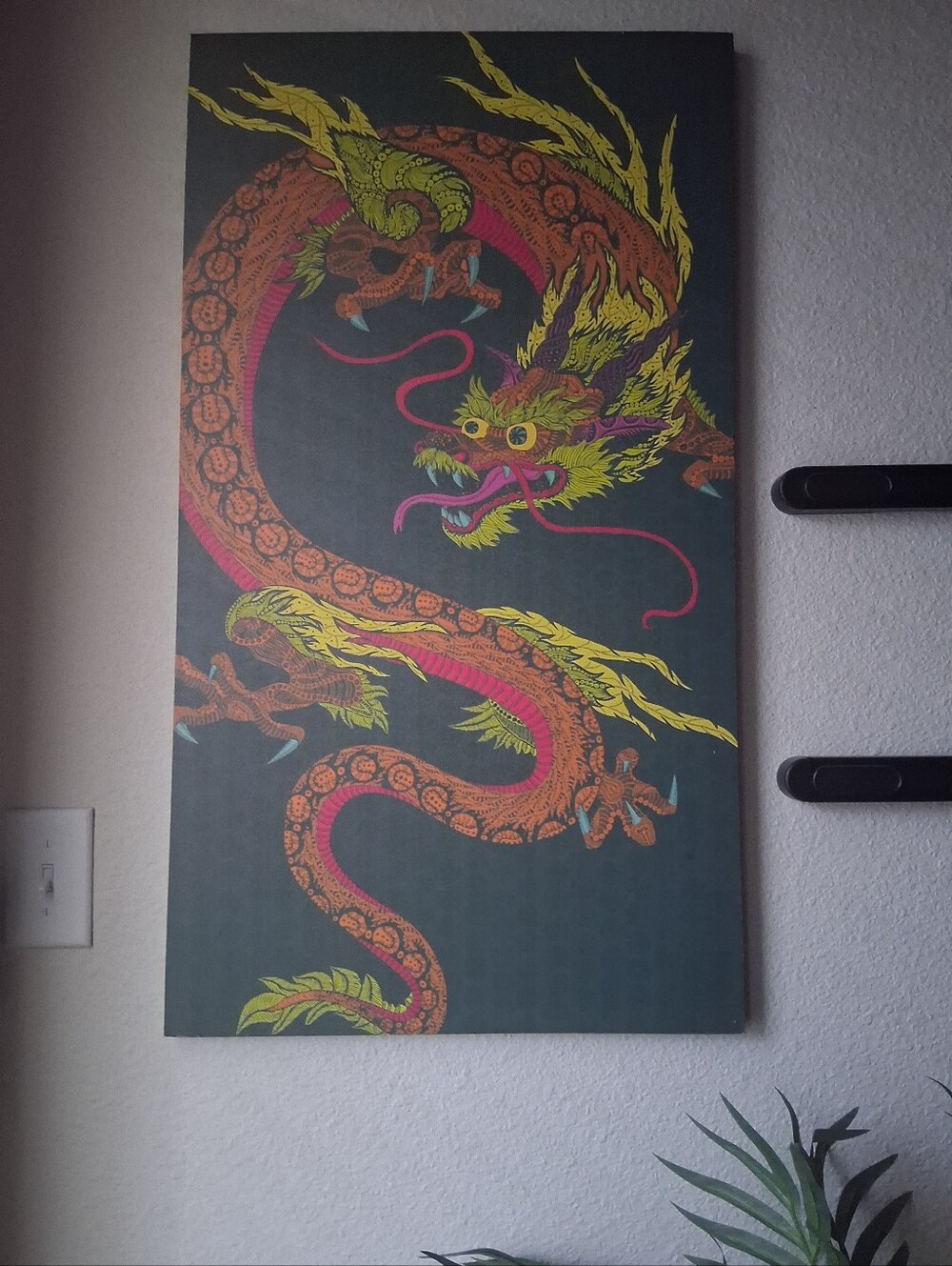 Dragon Wall Art Canvas Print in Green, Yellow, Pink